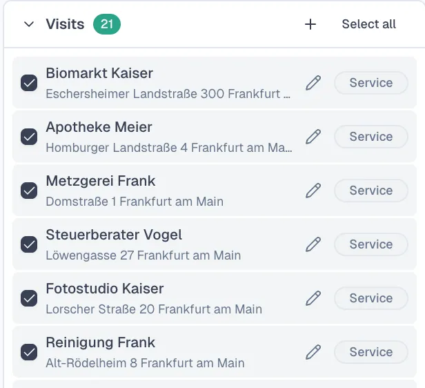 Besuchsliste mit 21 geplanten Besuchen